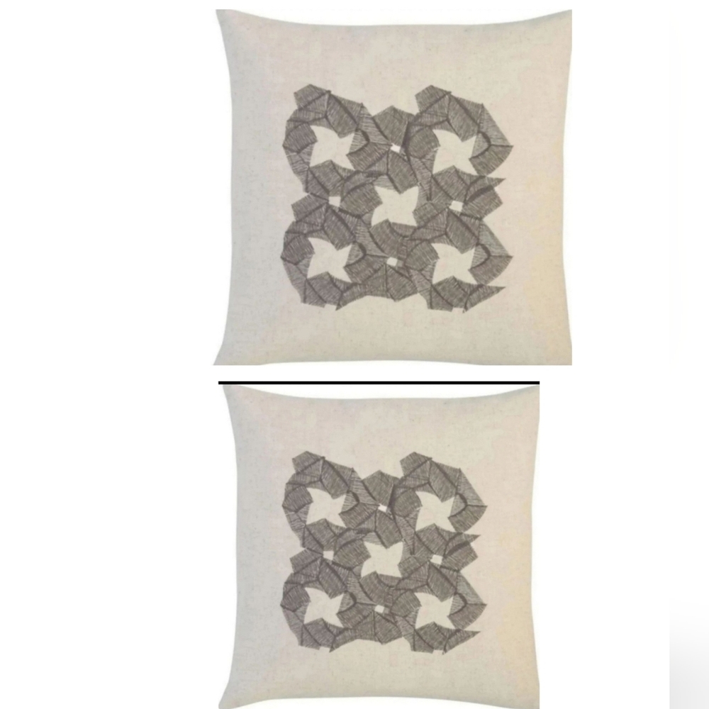 2 pillow cover Crate & barrel Zen Flower 16x16 gray embroidered